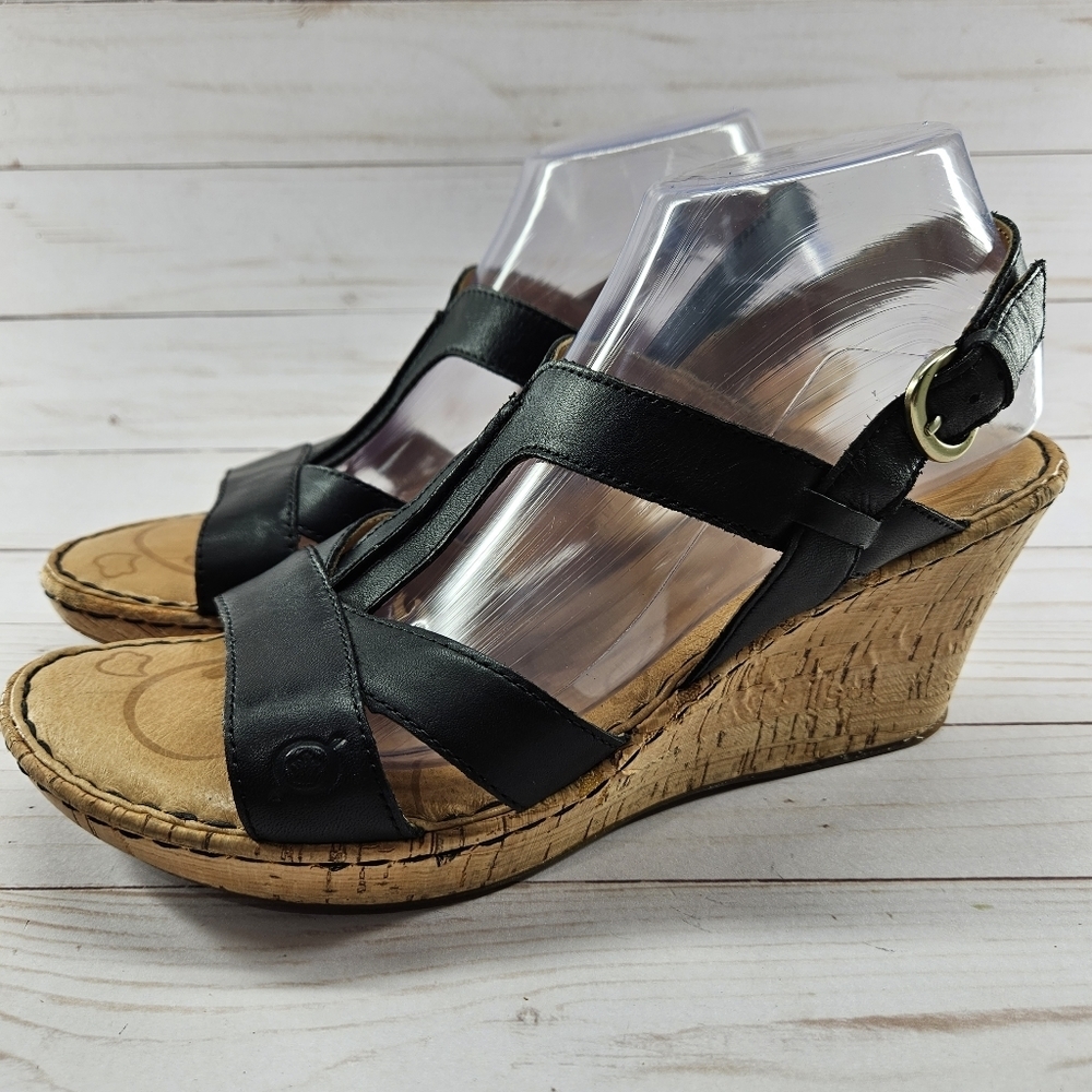 Born Womens Sandal Size 11 Wedge Heel‎ Cork Platform Black Leather Straps D65403